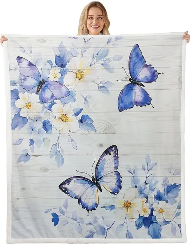 Blue Butterfly Throw Flannel Blankets,Watercolor Blooming Flowers Aesthetic Fleece Throw Blanket for Home Decor Sofa Couch,Japanese Style Vintage