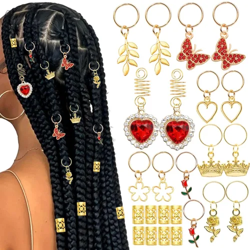 Vista 8 de 24 piezas de joyería de cabello rosa para el día de San Valentín, clips de trenzas de corazón, flor, mariposa, loc, anillo para el cabello