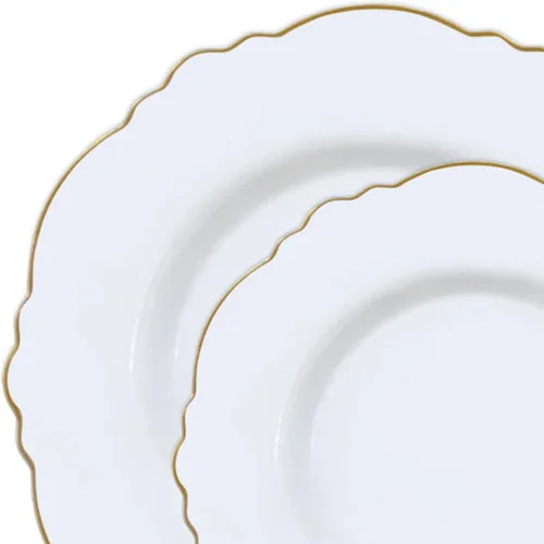 Vista 5 de Elegante vajilla desechable de plástico resistente, platos de plástico con diseño de borde de flores, para bodas, cumpleaños y todas las ocasiones