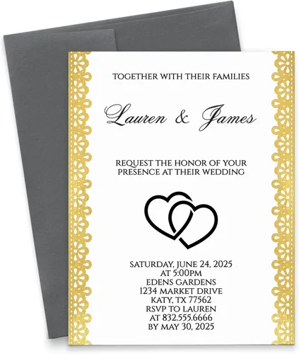 Invitaciones de boda personalizadas de encaje dorado con sobres, invitación de boda negra y dorada, invitaciones de encaje personalizadas,