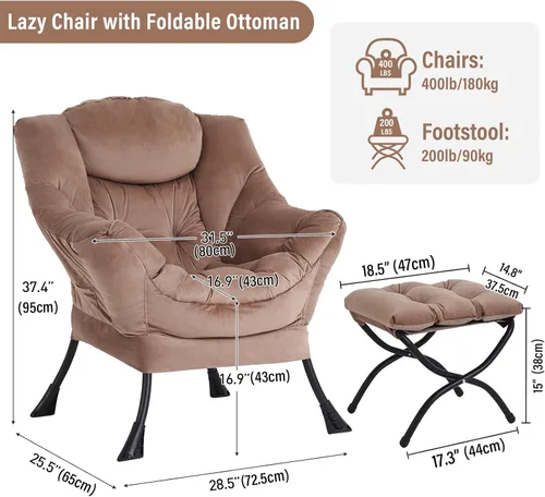Vista 210 de Silla Lazy con otomana, silla moderna con reposapiés plegable, silla de acento de salón, cómoda silla de lectura para dormitorio, estudio, sala