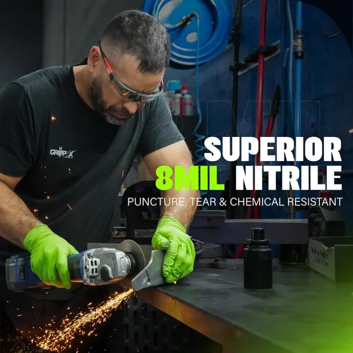 Vista 3 de GRIPXX Herkules Grip Guantes de nitrilo resistentes de 8 mil verdes, textura de diamante 3D elevada - Sin látex y sin polvo - Industrial