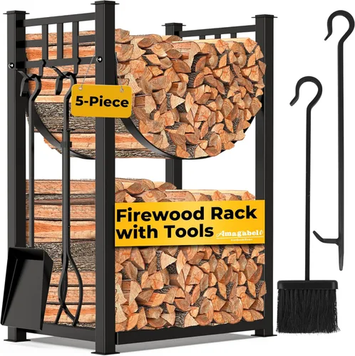 Vista 7 de AMAGABELI GARDEN & HOME Estante de leña para interiores con herramientas, juego de herramientas para chimenea, soporte de madera de hierro forjado