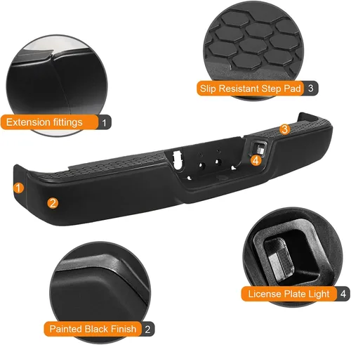 Vista 4 de Parachoques de escalón trasero compatible con Dodge Ram 1500 2009-2018 y Ram 2500 3500 2010-2012, parachoques trasero negro sin orificios