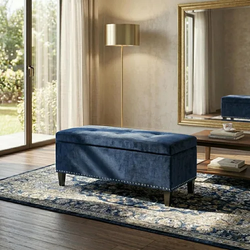 Vista 10 de Joveco Banco otomano grande de almacenamiento de 41 pulgadas con ribete de cabeza de clavo, copetudo y lino de algodón, copetudo rectangular