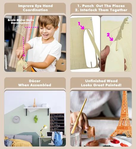 Vista 3 de Puzzled Rompecabezas 3D, torre Eiffel, kit de modelo de construcción de madera, divertido y educativo, juguete de madera para armar