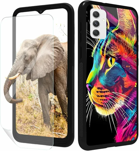 Vista 98 de for Samsung Galaxy A17 5G Phone Case 6.7" with Screen Protector Slim Tempered Glass Back Cover A Purple Cat Design Shockproof Protective Case for