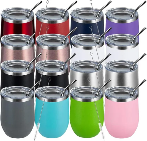Vista 37 de MEWAY Vaso de vino sin tallo de 12 onzas con tapa, vaso de viaje de acero inoxidable con aislamiento de doble pared al vacío con popote, para Negro