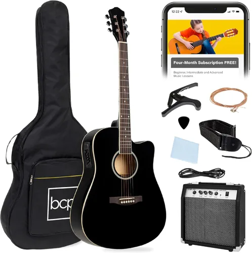 Best Choice Products Juego de iniciación de guitarra acústica y eléctrica para principiantes con 41 pulgadas, diseño de corte total en madera, bolsa