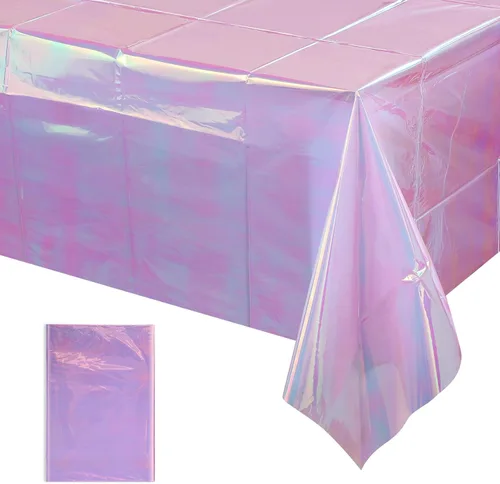 Vista 47 de 3 paquetes de mantel de plástico a cuadros negro y iridiscente, cubiertas de mesa rectangulares brillantes desechables con láser, mantel holográfico