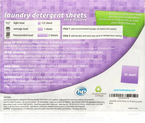 Vista 2 de Homevative Hojas de detergente para ropa, 30 hojas, hasta 60 cargas, fácil de disolver, lavanda, paquete ecológico, compatible con HE, apto