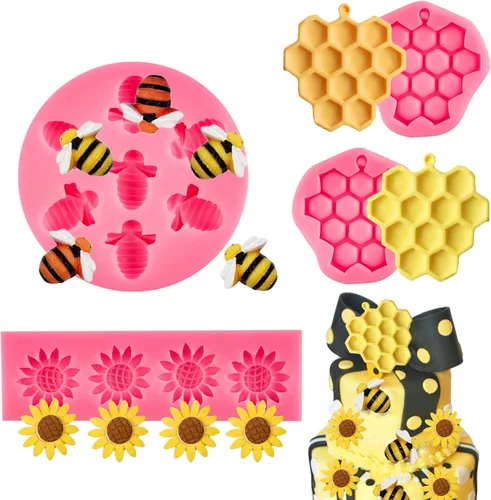 Vista 4 de Ocmoiy Molde de silicona de abeja de abejorro, 4 moldes de fondant de panal de girasol y abeja para decoración de cupcakes, pasteles, azúcar
