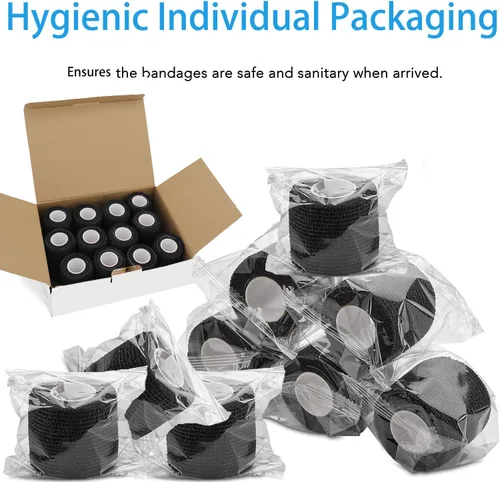 Vista 2 de Paquete de 24 vendajes cohesivos autoadherentes, 2 pulgadas x 5 yardas, cinta elástica de agarre negro para perros, vendajes atléticos para primeros