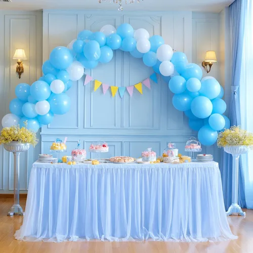 Vista 14 de Suppromo Pack de 2 faldas de mesa de tul azul de 6 pies para mesas rectangulares o redondas, mantel de tul azul para baby shower, cumpleaños