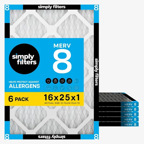 Simply Filtro de aire de 16 x 25 x 1, MERV 8, paquete de 6, para horno de aire acondicionado y HVAC (tamaño real: 15.75 x 24.75 x 0.75 pulgadas)