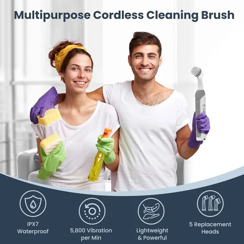 Vista 6 de LifeBasis Cepillo de limpieza eléctrico inalámbrico, resistente al agua, pequeño cepillo de lechada eléctrico con 5 cepillos para el hogar, cocina