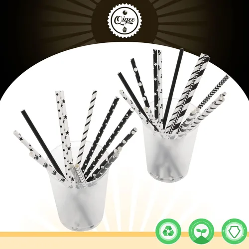Vista 3 de qiqee Pajitas de papel negro, 150 pajitas desechables a granel (10 patrones negros, biodegradables, desechables, 7.75 x 0.25 pulgadas)