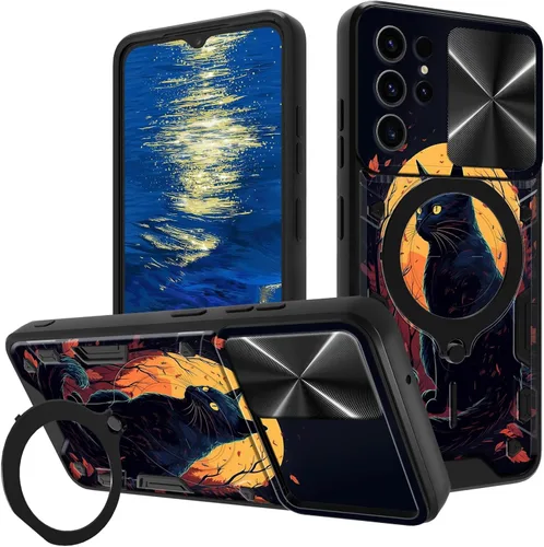 Vista 77 de for Samsung Galaxy A35 5G Phone Case 6.6" with Slide Camera Cover & 360 Degree Rotate Ring Stand Kickstand A Black Cat Dual Layer Hybrid Heavy Duty
