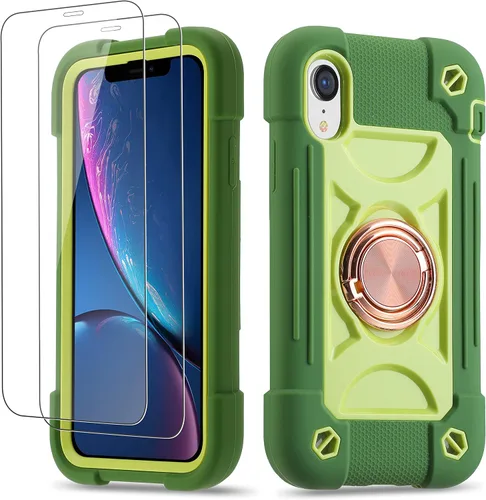 Funda para iPhone XR de 6.1 pulgadas con soporte de anillo, con 2 protectores de pantalla de vidrio, resistente a los golpes, resistente a los