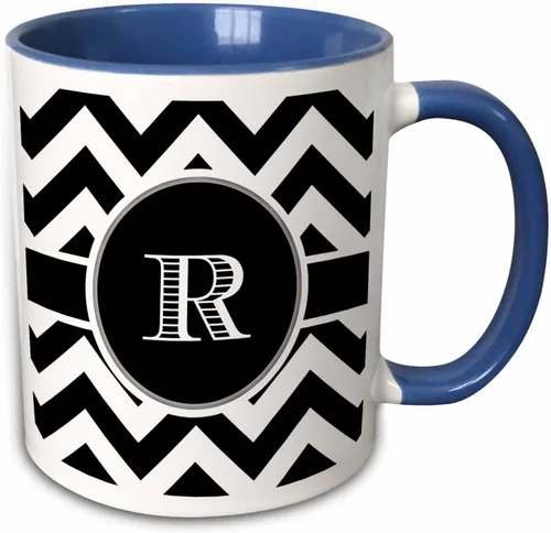 3dRose Taza de dos tonos azul con monograma de cheurón en blanco y negro inicial R 11oz