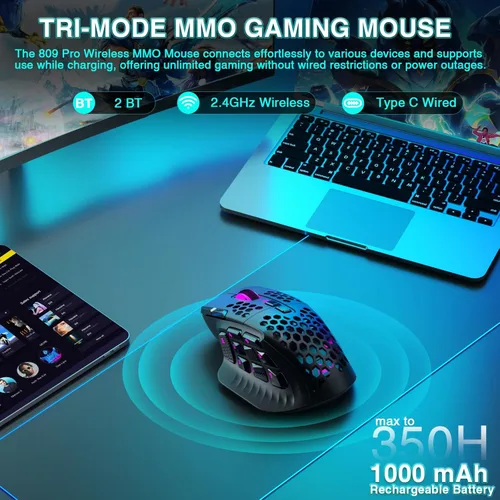 Vista 3 de SOLAKAKA SM809 Pro - Mouse para juegos con 9 botones laterales, mouse RGB de 24000 DPI para jugadores, 16 macros programables MMO, color negro