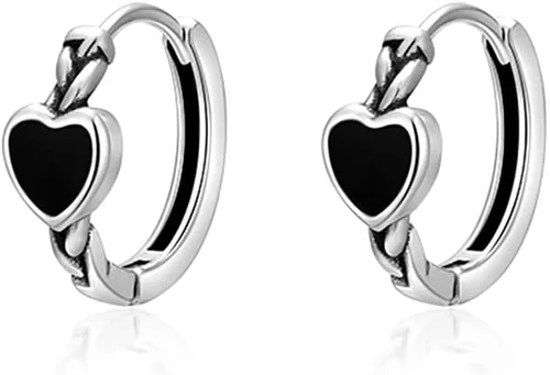 SLUYNZ Aretes de aro de plata de ley 925 con forma de corazón negro para mujeres, adolescentes y adolescentes