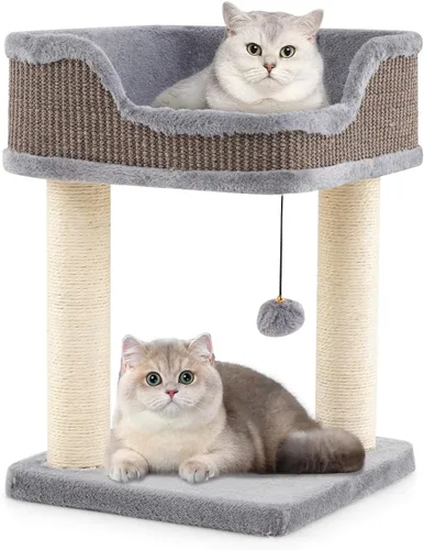 Vista 9 de Tangkula Árbol pequeño para gatos de interior, moderna torre para gatos alfombrada con perca de felpa suave, cama para gatos con postes rascadores