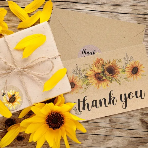 Vista 7 de AnyDesign Paquete de 36 tarjetas de agradecimiento de girasol Kraft surtidas a granel de primavera y verano, tarjetas de notas en blanco