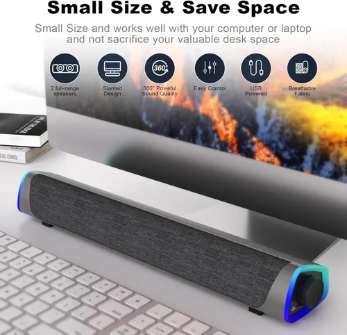 Vista 7 de SOULION Altavoces de computadora R30, altavoz de PC alimentado por USB, luces LED coloridas con botón de interruptor, barra de sonido envolvente Gris