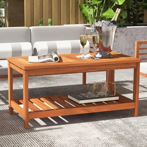 Vista 2 de HAPPYGRILL Mesa auxiliar de patio, mesa auxiliar de doble nivel con estructura de madera maciza, mesa de listones y estante, mesa de centro