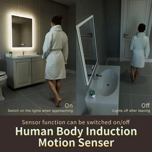 Vista 3 de Espejo de baño LED de 24 x 32 pulgadas con altavoz Bluetooth, interruptor de inducción, espejo de tocador inteligente montado en la pared, IP44