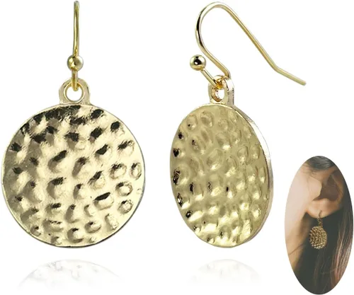 Aretes colgantes de disco martillado, aretes de plata de ley para mujer, aretes hechos a mano, aretes circulares redondos, aretes de gota