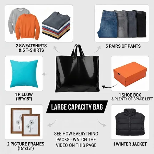 Vista 4 de Bolsas de compras de plástico grandes de 19.5 x 15 pulgadas con asas, bolsas de mercancía negras resistentes de 3 mil de grosor para pequeñas