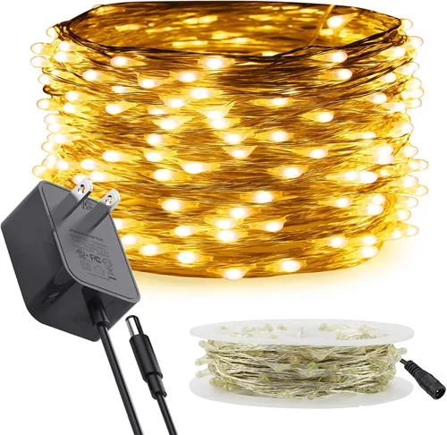 Vista 19 de RUICHEN Guirnalda de luces LED de alambre plateado con carrete de 99 pies, 300 luces LED de 99 pies, color verde