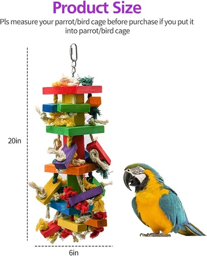Vista 4 de RUBY.Q Juguete grande de loro, juguete de loro de pájaro de 20 pulgadas, multicolor de madera natural para masticar pájaros grandes, gris africano