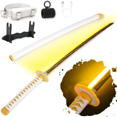 RENGENG - Espada iluminada, 40 pulgadas, réplica de anime de plástico recargable con cinturón y soporte, textura original, espada de anime