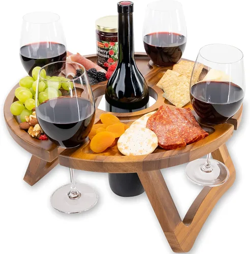 Mesa de vino portátil – Mantiene las copas de vino y la botella en su lugar – Mesa de vino al aire libre – Mesa de picnic plegable de madera al aire