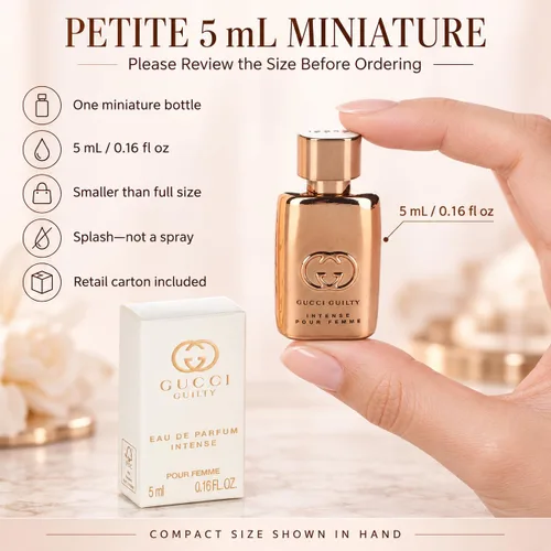 Vista 5 de Gucci Perfume Guilty para mujer Eau De Parfum Intense Mini Perfume Splash Botella de agua EDP mini splash de 0.16 onzas líquidas. Fragancia