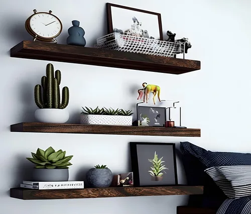 Vista 2 de Estantes flotantes de madera para decoración de pared, estantes de pared rústicos para dormitorio, baño, cocina, sala de estar, juego de 4