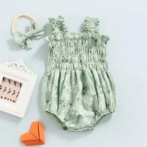Vista 2 de Conjunto de ropa de verano sin mangas para bebé recién nacida, con volantes y cuello halter