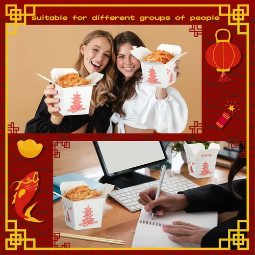 Vista 5 de Sabary 50 juegos de cajas chinas de 8 onzas para llevar con palillos, recipientes de papel de pagoda para alimentos con palillos desechables