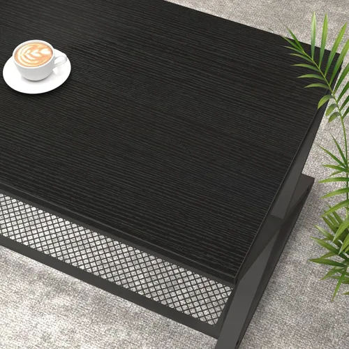 Vista 4 de LVB Mesa de café negra, mesas centrales de 2 niveles de metal y madera con estante de almacenamiento, mesa de té moderna rectangular para el cóctel