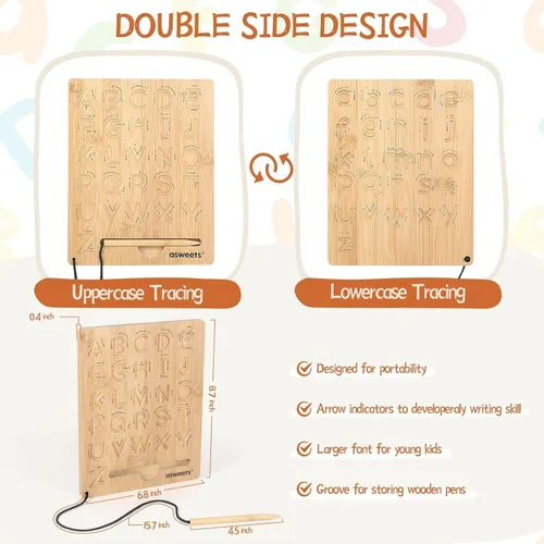 Vista 3 de Asweets Montessori - Tabla de trazado del alfabeto de madera, tablero de práctica de letras de madera, tableros de doble cara para niños pequeños