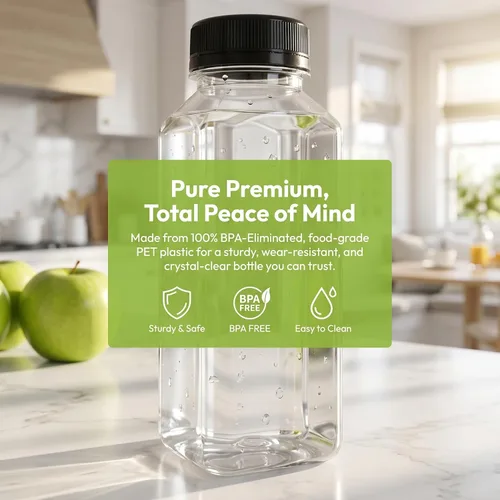 Vista 8 de Cedilis Paquete de 25 botellas de plástico de 8 onzas con tapa negra, recipientes desechables y reutilizables para hacer jugo, leche, aderezo