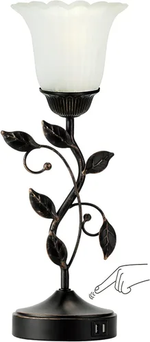 Vista 16 de Lámpara de mesa con control táctil con 2 puertos de carga USB, lámparas de mesita de noche regulables de 3 vías, pantalla de vidrio ámbar, lámpara