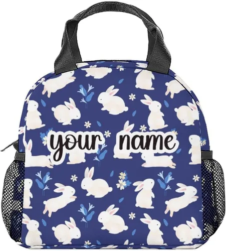 Vista 6 de Lonchera de conejo para niños, pequeña bolsa de almuerzo aislada, bonita lonchera reutilizable para niñas, bolsas de almuerzo congelables blancas