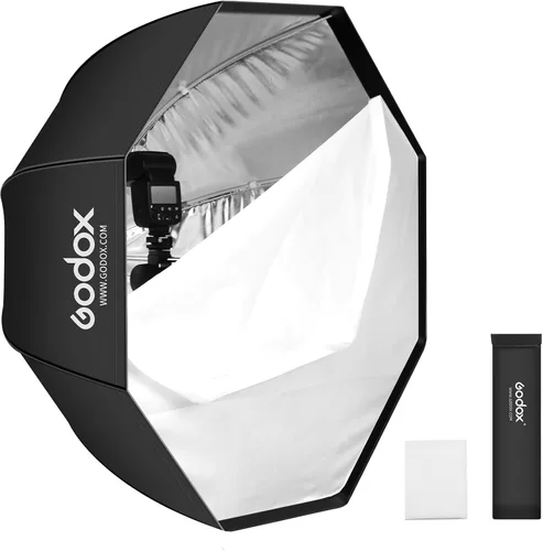 Vista 8 de Godox 80 cm / 31.5" Sombrilla octogonal reflectante Silver con bolsa de transporte, caja suave paraguas octogonal portátil, reflector para estudio
