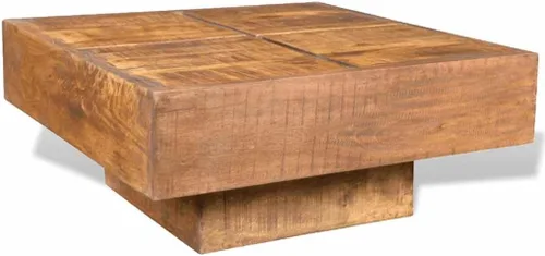 Vista 6 de Mesa auxiliar de madera maciza de mango marrón, mesa auxiliar cuadrada con acabado antiguo para sala de estar, mesa baja duradera de centro