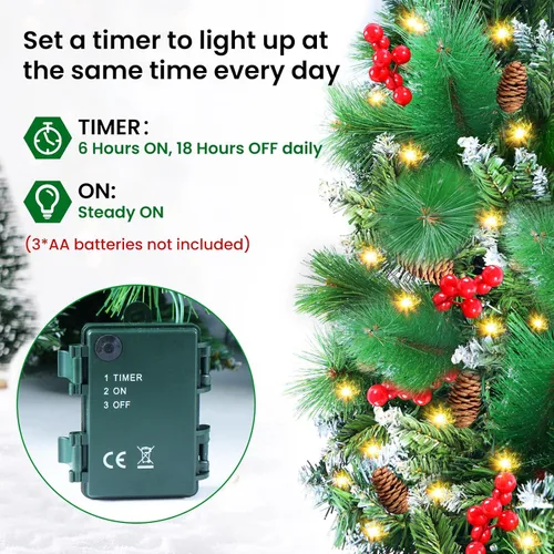 Vista 3 de Guirnalda de Navidad con luces, 50 luces LED, guirnalda preiluminada de 9 pies, funciona con pilas, decoración de Navidad para interiores