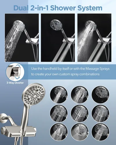 Vista 7 de Cabezal de ducha filtrado MakeFit con combo de mano de níquel cepillado - Sistema de spa dual 2-en-1 con cabezal de ducha de masaje y cabezal